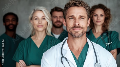 A group of medical professionals, dressed in green uniforms and white coat, pose in a confident and welcoming manner, embodying health and teamwork.