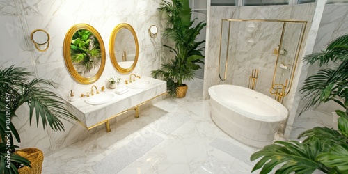 Luxury marble bathroom with white and gold accents, double sink with two oval mirrors, spacious marble bathtub, glass rain shower, indoor palm plants, high-angle view showing the entire space photo