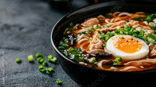 A steaming bowl of ramen with a perfectly cooked egg, fresh green onions, mushrooms, shredded meat, and sesame seeds on top, creating a savory delight.