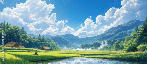 A scenic view of a green valley with a small river, surrounded by mountains and a blue sky with white clouds. A person sits on a small wooden structure in the foreground of the rice field.