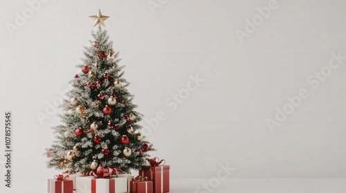 Decorated Christmas Tree with Red and Gold Ornaments and Gifts