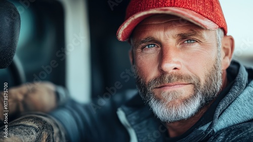 An image of a rugged man in a red cap driving through the countryside. His wear shows traces of dirt, signifying hard work, against an open window backdrop.