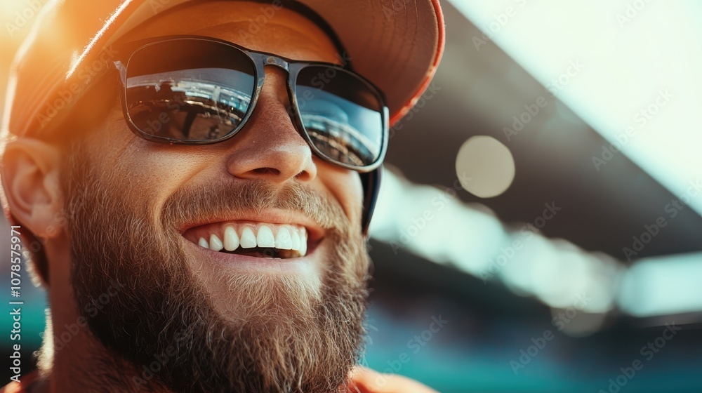 A bearded man wearing sunglasses and a hat smiles broadly, enjoying a sunny day at what appears to be a stadium or outdoor sports event. A bearded man wearing sunglasses and a hat smiles broadly, enjoying a sunny day at what appears to be a stadium or outdoor sports event.