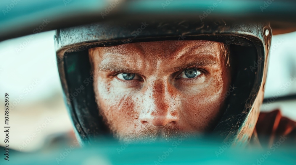 A captivating image of a racer with an intense gaze, their helmet streaked with dirt, reflecting their fierce determination and endurance in challenging conditions. A captivating image of a racer with an intense gaze, their helmet streaked with dirt, reflecting their fierce determination and endurance in challenging conditions.