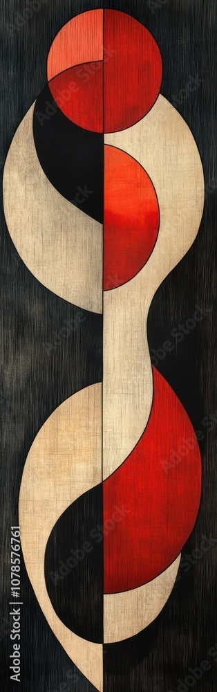 Abstract art piece featuring a vertical composition of geometric shapes in red, black and white, with a distressed texture. Abstract art piece featuring a vertical composition of geometric shapes in red, black and white, with a distressed texture.
