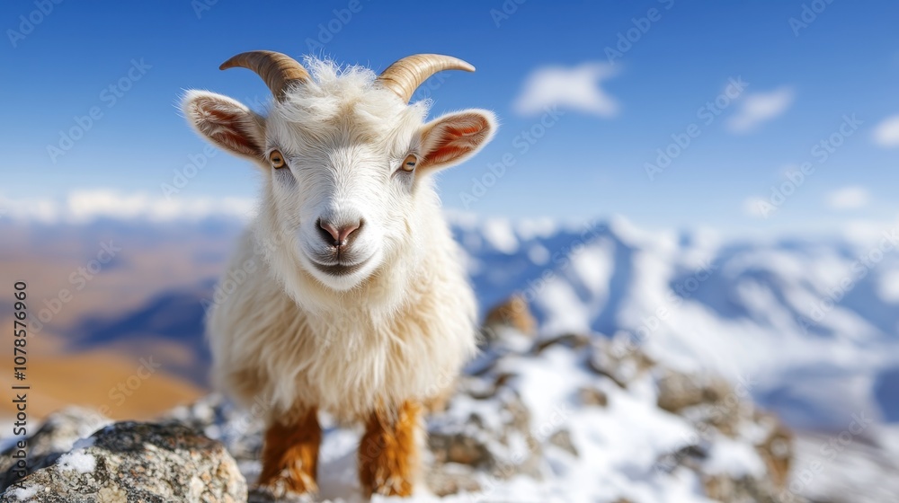 A playful goat stands on a snowy mountain top, surrounded by clear blue skies and vast mountain range, highlighting a sense of adventure and resilience. A playful goat stands on a snowy mountain top, surrounded by clear blue skies and vast mountain range, highlighting a sense of adventure and resilience.