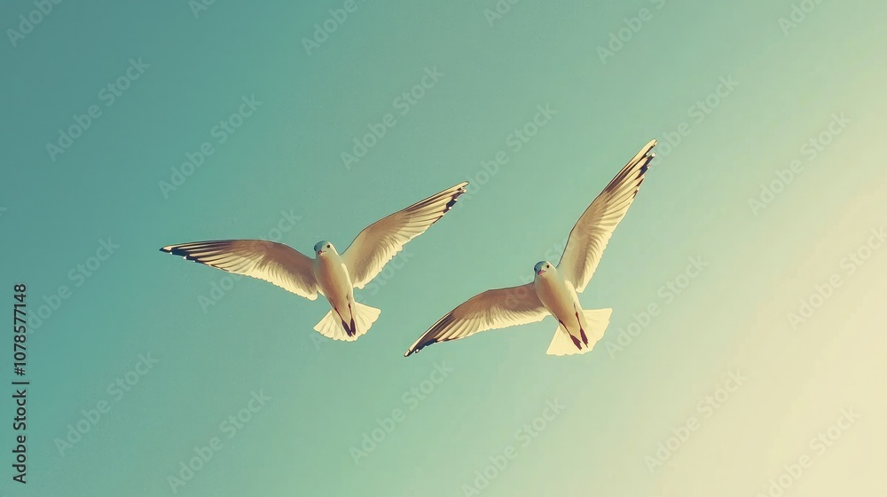 Obraz premium Two birds soaring through a cloudless blue sky, perfectly synchronized in flight. 