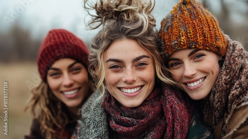 Three women warmly dressed for fall weather, adorned with scarves and knit caps, standing together and sharing cheerful expressions in a cozy outdoor setting.