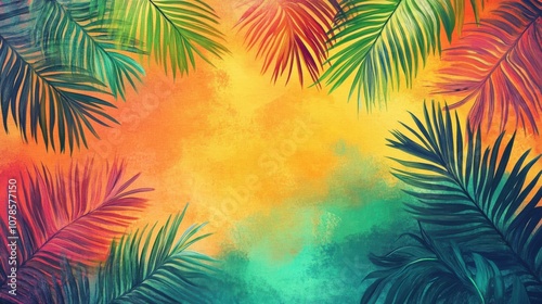 Vibrant palm leaves frame a colorful watercolor background, creating a tropical and summery feel.