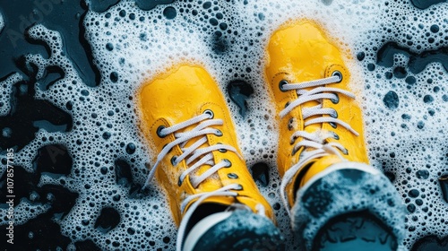 Bright yellow boots with white laces are immersed in foamy water on a dark surface, illustrating resilience against slippage and wet conditions outdoors.
