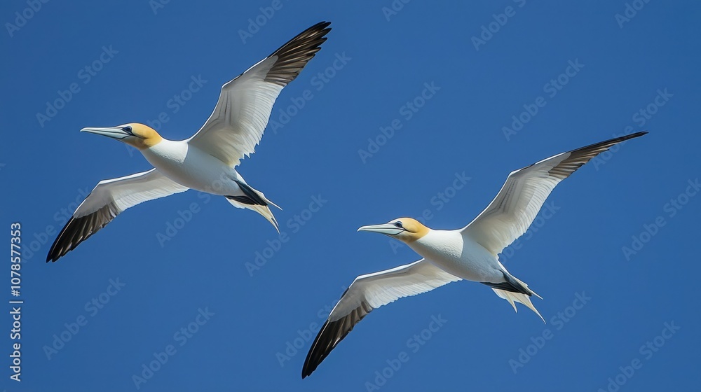 Two birds soaring through a cloudless blue sky, perfectly synchronized in flight. Two birds soaring through a cloudless blue sky, perfectly synchronized in flight.