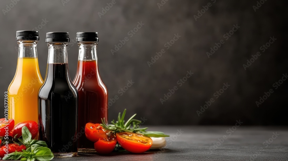 A collection of bottles filled with various colored liquids, arranged with fresh vegetables like tomatoes and herbs, showcasing culinary creativity and freshness. A collection of bottles filled with various colored liquids, arranged with fresh vegetables like tomatoes and herbs, showcasing culinary creativity and freshness.