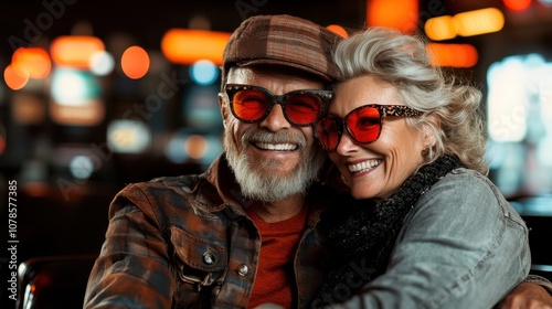 An elderly couple wearing stylish red sunglasses, smiling warmly while embracing each other in a warmly lit, cozy setting filled with vibrant colors.