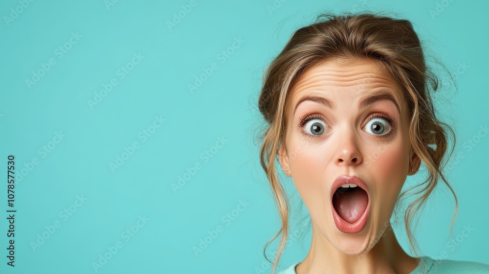 A woman with a neat hairstyle displaying an amazed expression against a greenish background, symbolizing surprise or positive excitement with wide eyes and open mouth.