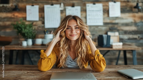 A joyful woman relaxes in her cozy workspace, surrounded by productivity tools and warm decor, capturing a sense of contentment and work-life balance. photo