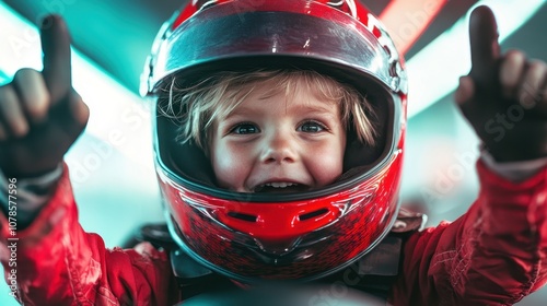 A cheerful child celebrates victory with raised fingers, wearing red racing gear and a helmet, capturing the thrill and excitement of child-like triumph in kart racing. photo