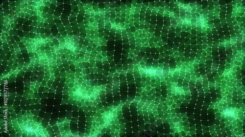 Glowing green wave with motion dots and lines with top view. Abstract digital background. Concept connection big data. Futuristic technology backdrop. 3D rendering.