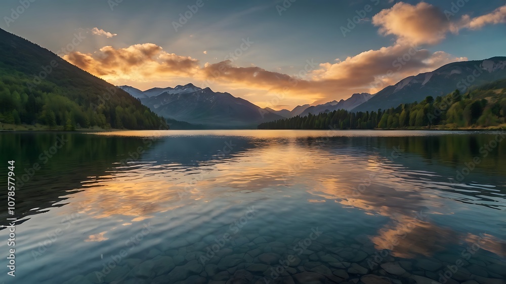 Serene Mountain Lake at Sunset with a Colorful Sky Reflected on the Water Serene Mountain Lake at Sunset with a Colorful Sky Reflected on the Water
