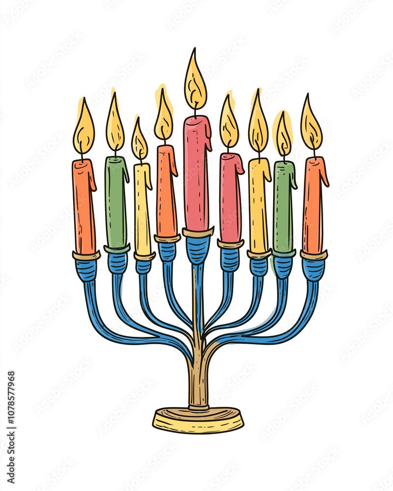 A cheerful and colorful illustration of a traditional Hanukkah menorah, lit with nine candles. A cheerful and colorful illustration of a traditional Hanukkah menorah, lit with nine candles.