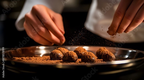 A close-up of truffles dusted with cocoa powder, placed on an elegant silver platter. The background is softly blurred to highlight the intricate details