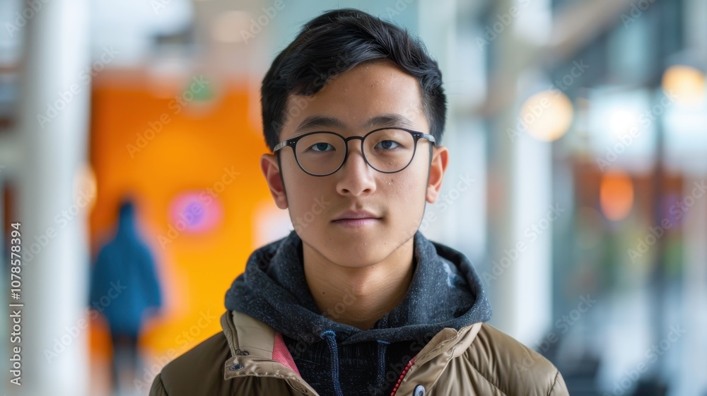 A backdrop of diverse colors accentuates an Asian student's introspective pose, symbolizing his educational milestones A backdrop of diverse colors accentuates an Asian student's introspective pose, symbolizing his educational milestones