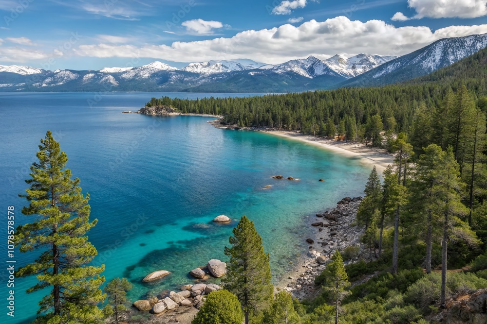 Scenic Drone Photography of a Tranquil Lake Surrounded by Snowy Mountains with Clear Blue Waters, Serene Beach, Green Trees, and a Clear Sky Capturing Nature's Beauty Scenic Drone Photography of a Tranquil Lake Surrounded by Snowy Mountains with Clear Blue Waters, Serene Beach, Green Trees, and a Clear Sky Capturing Nature's Beauty