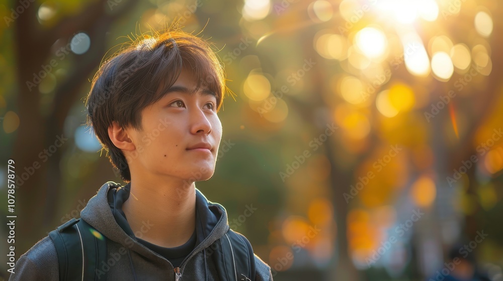 A backdrop of diverse colors accentuates an Asian student's introspective pose, symbolizing his educational milestones A backdrop of diverse colors accentuates an Asian student's introspective pose, symbolizing his educational milestones