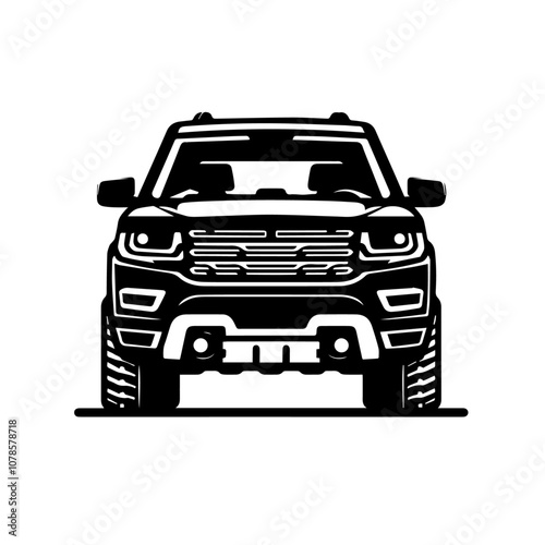 Bold Front View SUV Vector – High-Quality Black and White Off Road Vehicle Icon for Adventure Design Projects