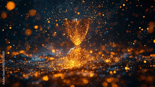 An elegant trophy cup glimmers surrounded by floating golden dust particles, embodying a sense of triumph, glory, and illustrious success. photo
