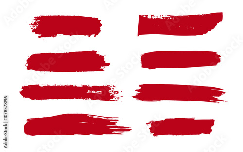 Red brush strokes set, grunge paint. Distress texture banners collection isolated on white background.