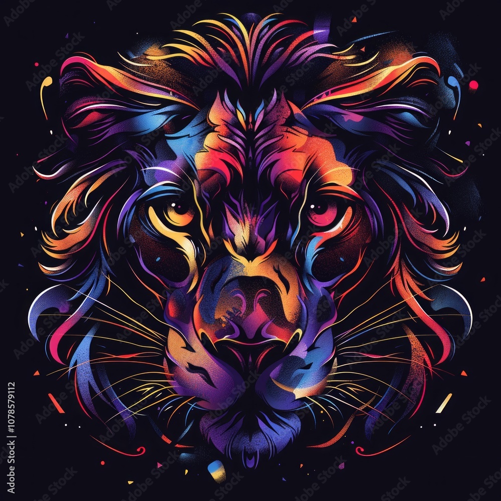 Vibrant lion face illustration with neon colors and dynamic lines on a black background. Digital artwork symbolizing strength and artistic expression. Generative AI Vibrant lion face illustration with neon colors and dynamic lines on a black background. Digital artwork symbolizing strength and artistic expression. Generative AI