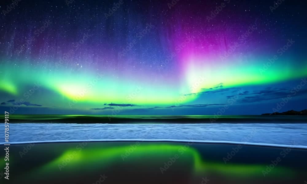 a beautiful beach with colorful aurora skies