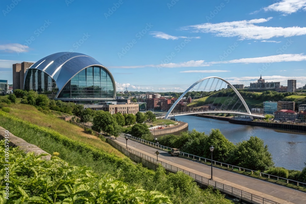 Scenic View of Gateshead, England with Iconic Landmarks, Lush Greenery, and a Bright Blue Sky Perfect for Travel and Tourism Promotion Scenic View of Gateshead, England with Iconic Landmarks, Lush Greenery, and a Bright Blue Sky Perfect for Travel and Tourism Promotion