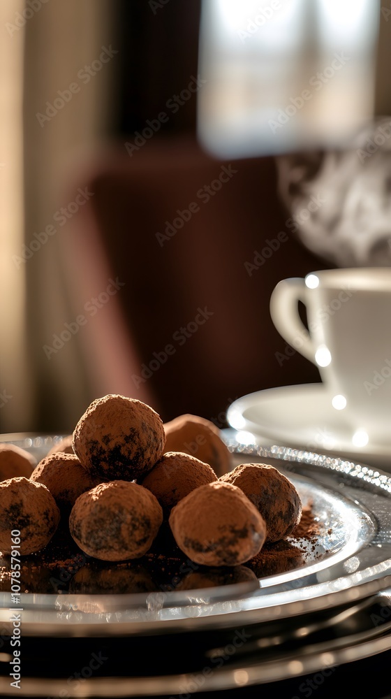 A close-up of truffles dusted with cocoa powder, placed on an elegant silver platter. The background is softly blurred to highlight the intricate details A close-up of truffles dusted with cocoa powder, placed on an elegant silver platter. The background is softly blurred to highlight the intricate details