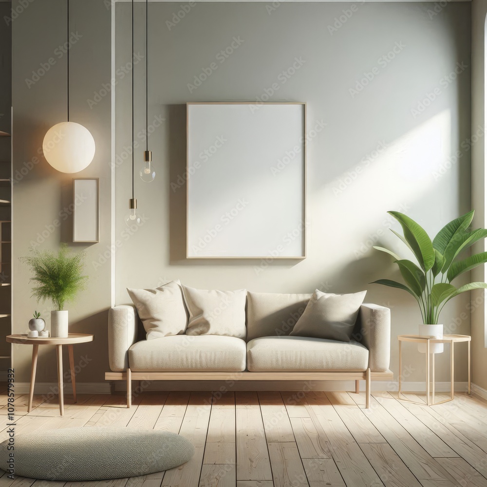 Minimalist room interior with simple lines, soft lighting and green plants Minimalist room interior with simple lines, soft lighting and green plants