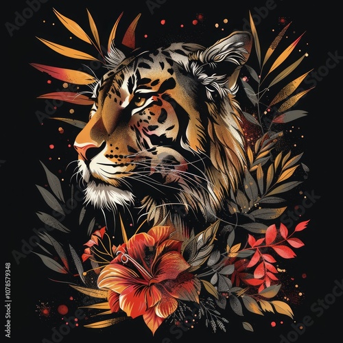 Tiger portrait surrounded by red flowers and golden foliage on a black background. Digital illustration blending wildlife and botanical elements with intricate detail. Generative AI