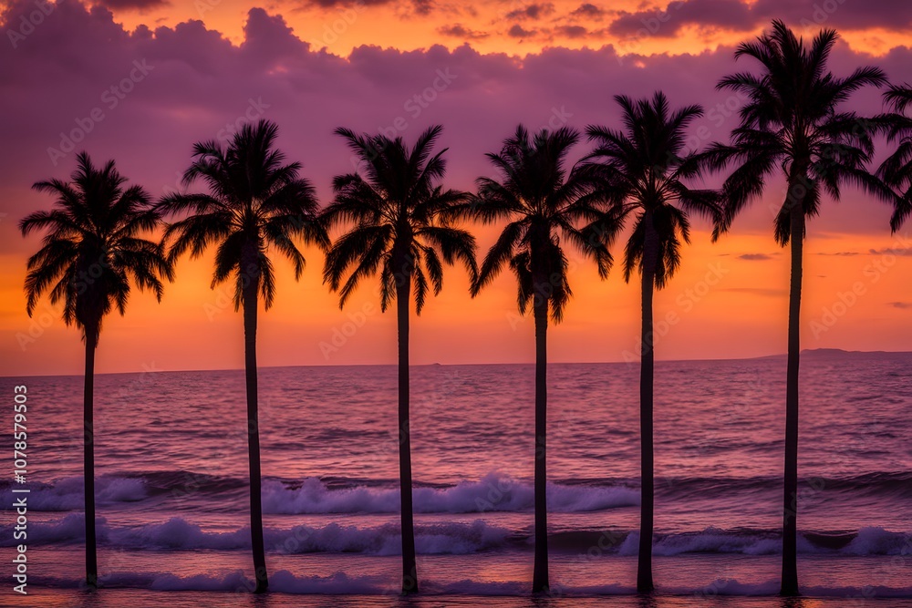 Row of palm trees silhouetted against a golden orange and deep purple sky with ocean waves faintly, Ai Generated Row of palm trees silhouetted against a golden orange and deep purple sky with ocean waves faintly, Ai Generated