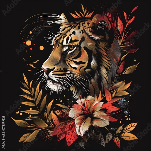 Tiger portrait surrounded by tropical flowers and golden foliage on a black background. Digital illustration blending wildlife and botanical elements with intricate detail. Generative AI