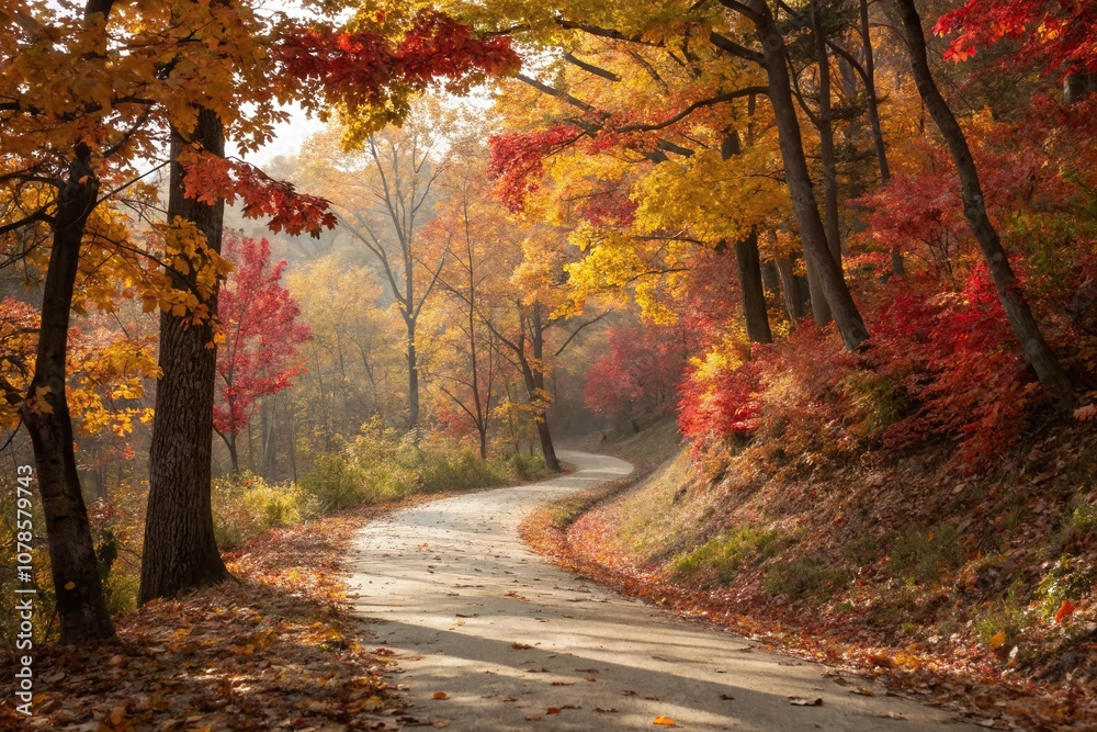 Serene Autumnal Path Through a Lush Forest with Vibrant Fall Foliage and Gentle Sunlight Filtering Through Trees in a Peaceful Natural Setting Serene Autumnal Path Through a Lush Forest with Vibrant Fall Foliage and Gentle Sunlight Filtering Through Trees in a Peaceful Natural Setting