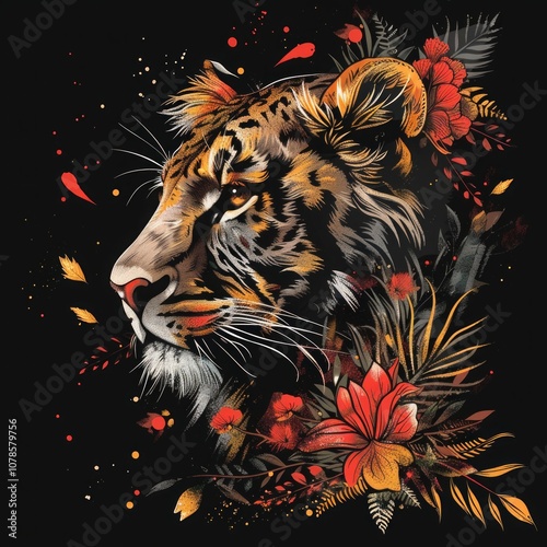 Tiger portrait with red flowers and golden leaves on a black background. Digital illustration blending wildlife and floral elements with intricate detailing. Generative AI