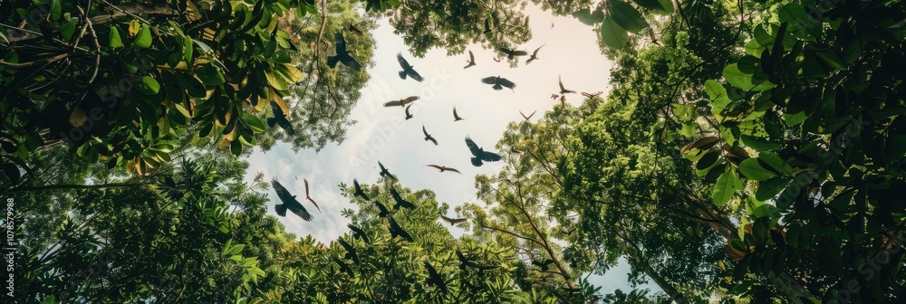 Fototapeta premium Birds flying above a dense forest, viewed from below as they glide across the sky. 