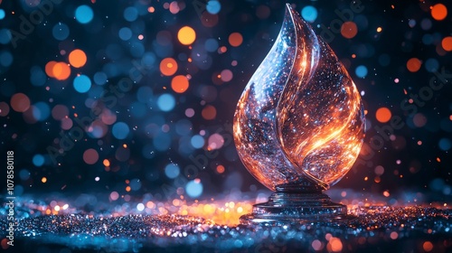 A mesmerizing sculptural flame crafted from luminescent swirling forms, radiating warmth and representing inspiration and the human spirit.