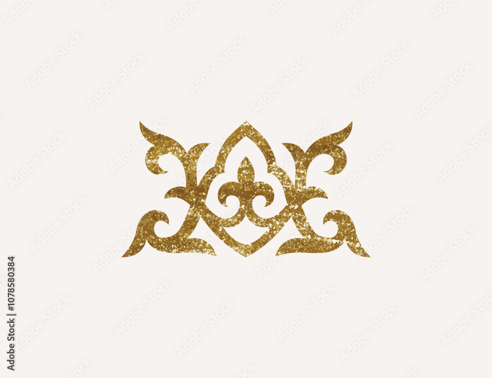 Kazakh national ornament with gold texture. Vector modern element isolated on white background. Central Asia floral abstract element of the national pattern. Kazakh national ornament with gold texture. Vector modern element isolated on white background. Central Asia floral abstract element of the national pattern.