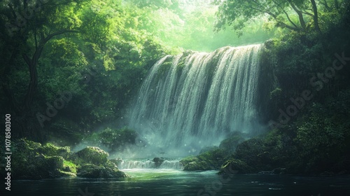 A cascading waterfall surrounded by lush greenery with sunbeams breaking through the leaves creating a magical atmosphere.