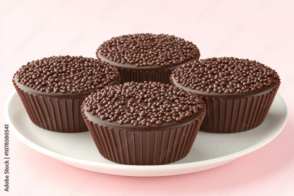 Rich chocolate cupcakes with sprinkles on a pristine white plate representing indulgence sweetness and artistic dessert presentation