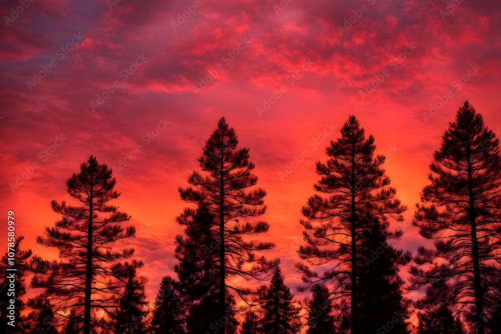 Row of pine trees silhouetted against a sky lit with fiery shades of orange red and pink, Ai Generated Row of pine trees silhouetted against a sky lit with fiery shades of orange red and pink, Ai Generated
