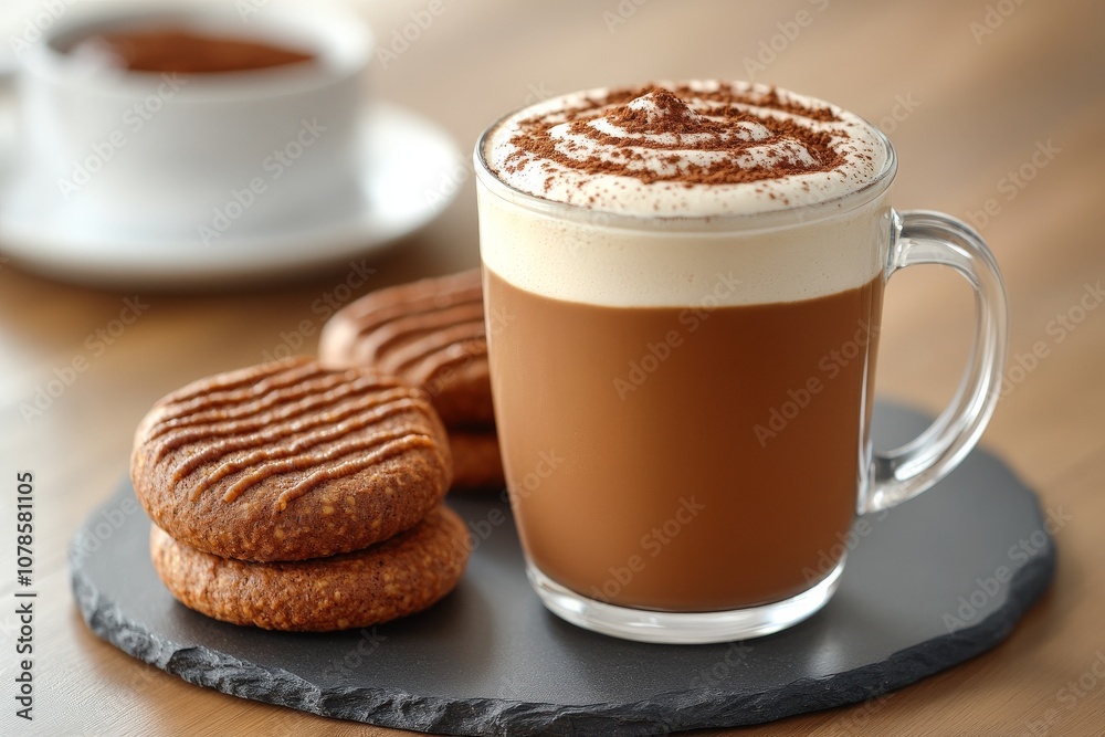 Frothy cappuccino served with chocolate biscuits on a dark slate plate embodying warmth indulgence and the art of coffee presentation Frothy cappuccino served with chocolate biscuits on a dark slate plate embodying warmth indulgence and the art of coffee presentation