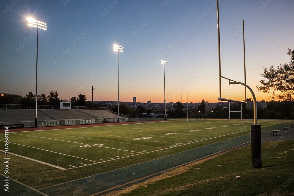Serene Evening on a Football Field Under Soft Low Light, Capturing the Essence of a Quiet Game Night with Subtle Shadows and Illuminated Goals in an Urban Setting Serene Evening on a Football Field Under Soft Low Light, Capturing the Essence of a Quiet Game Night with Subtle Shadows and Illuminated Goals in an Urban Setting