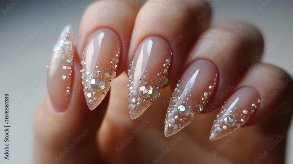 Closeup of a hand with long, stiletto nails decorated with a clear, sparkly design. Closeup of a hand with long, stiletto nails decorated with a clear, sparkly design.