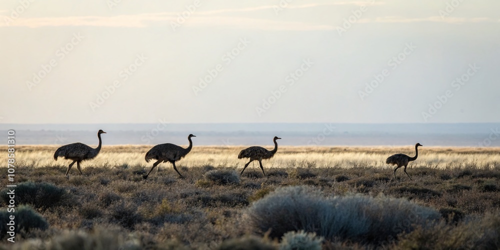 Serene Group of Emu Birds Roaming Freely in Their Natural Habitat, Captured in a Minimalist Photography Style, Showcasing the Beauty of Wildlife and Open Landscapes Serene Group of Emu Birds Roaming Freely in Their Natural Habitat, Captured in a Minimalist Photography Style, Showcasing the Beauty of Wildlife and Open Landscapes
